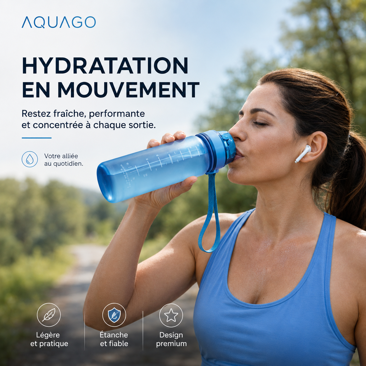 Hydratation en mouvement avec la gourde sport AquaGo légère et étanche