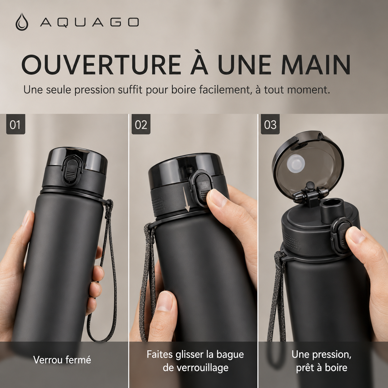 Système d'ouverture à une main de la gourde sport AquaGo