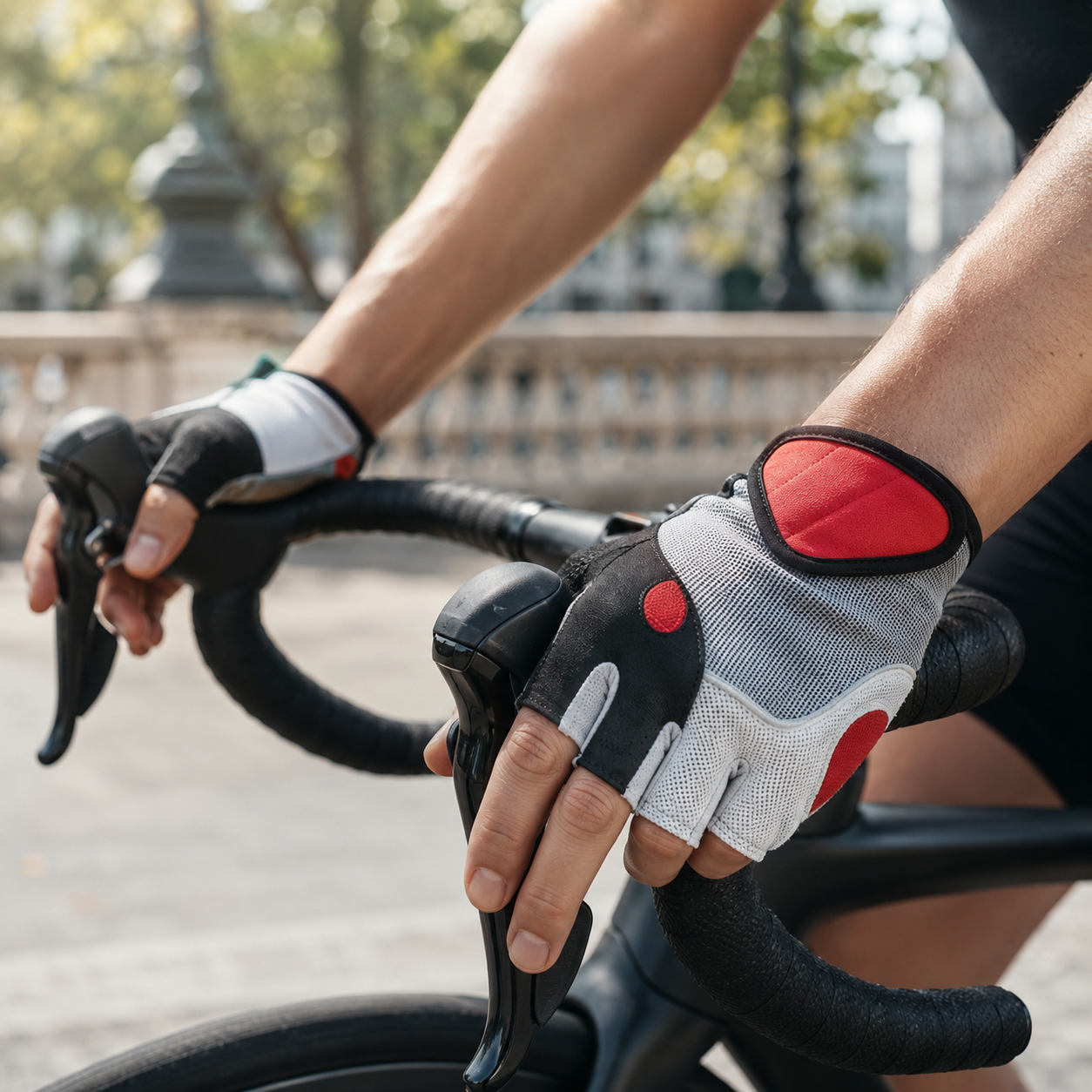Cycliste portant les gants VeloFlex sur guidon de vélo en plein effort