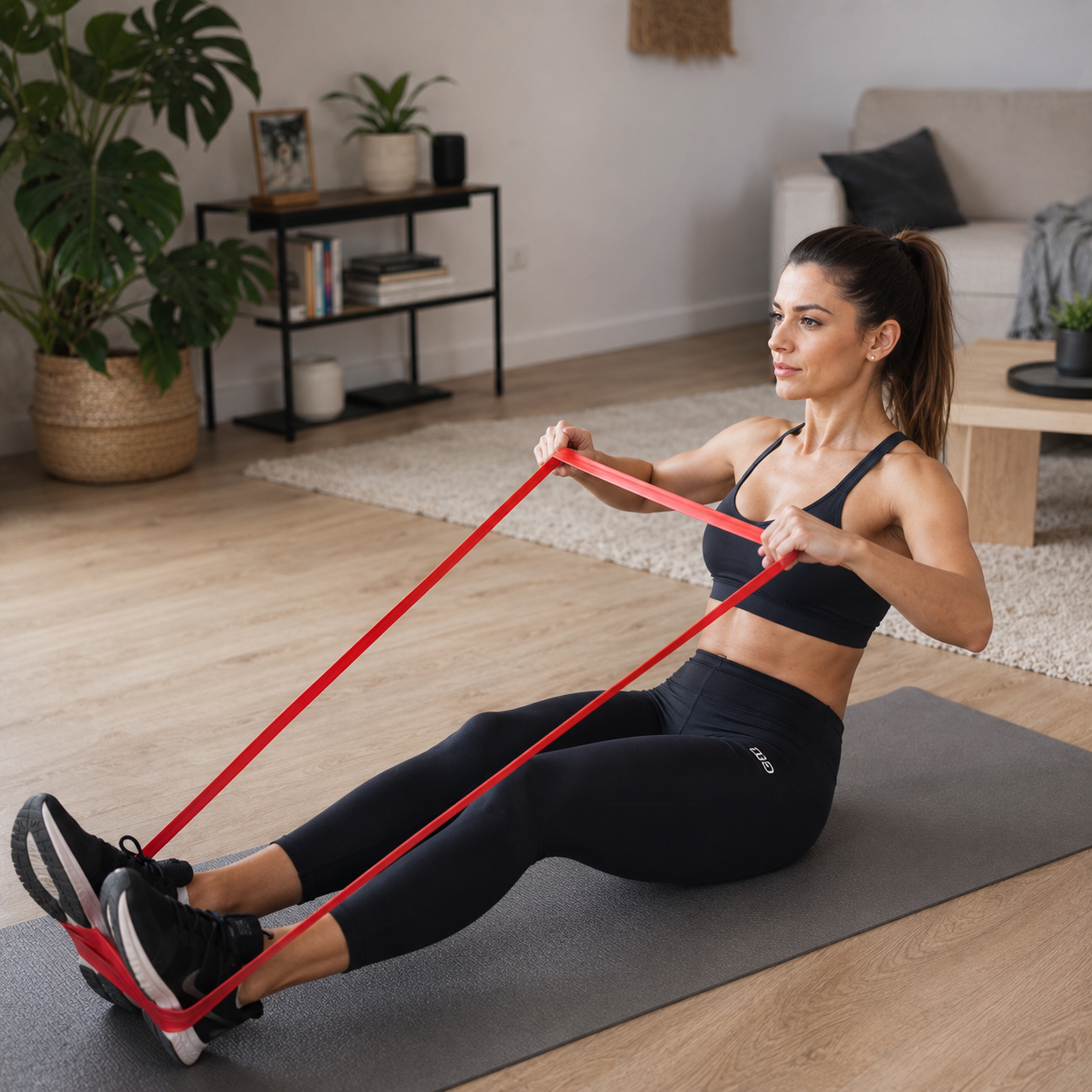 Femme s'entraînant avec les bandes de résistance FlexElastic à la maison