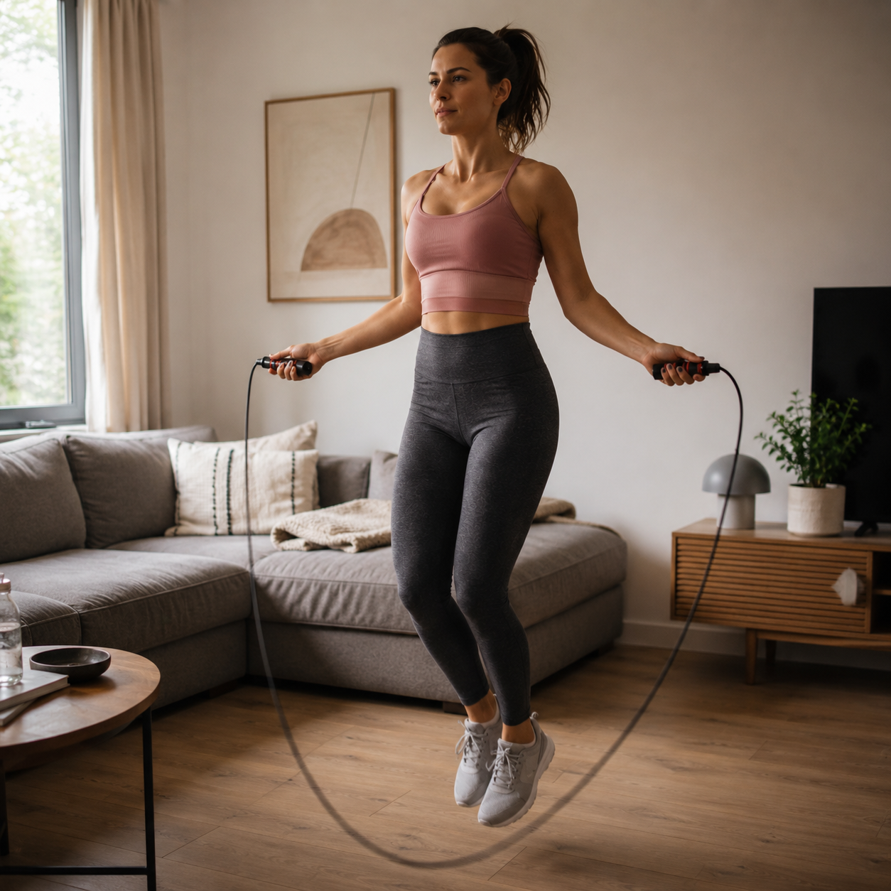 Femme sautant à la corde FitJump dans son salon pour le cardio