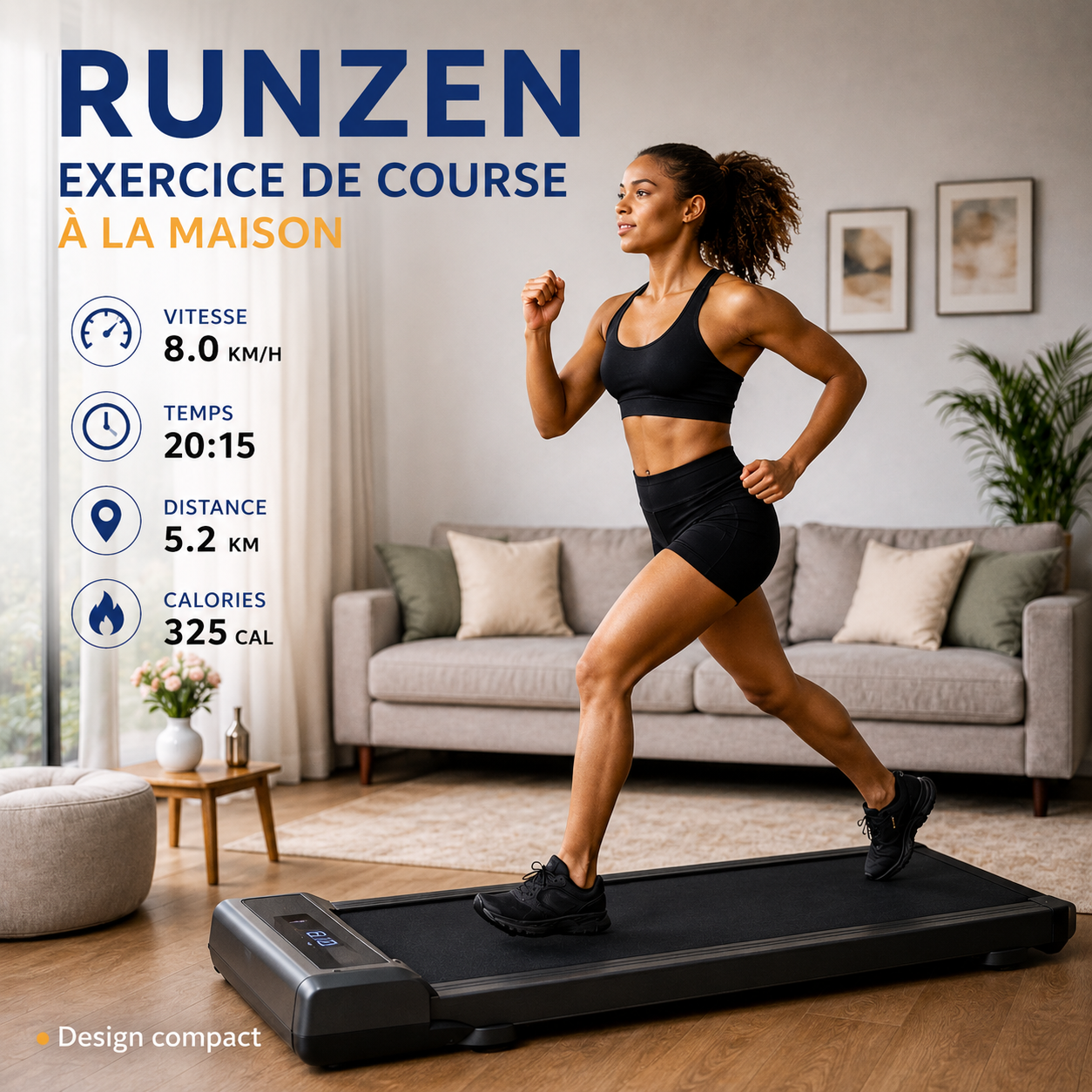 Femme courant à la maison sur le tapis roulant RunZen design compact
