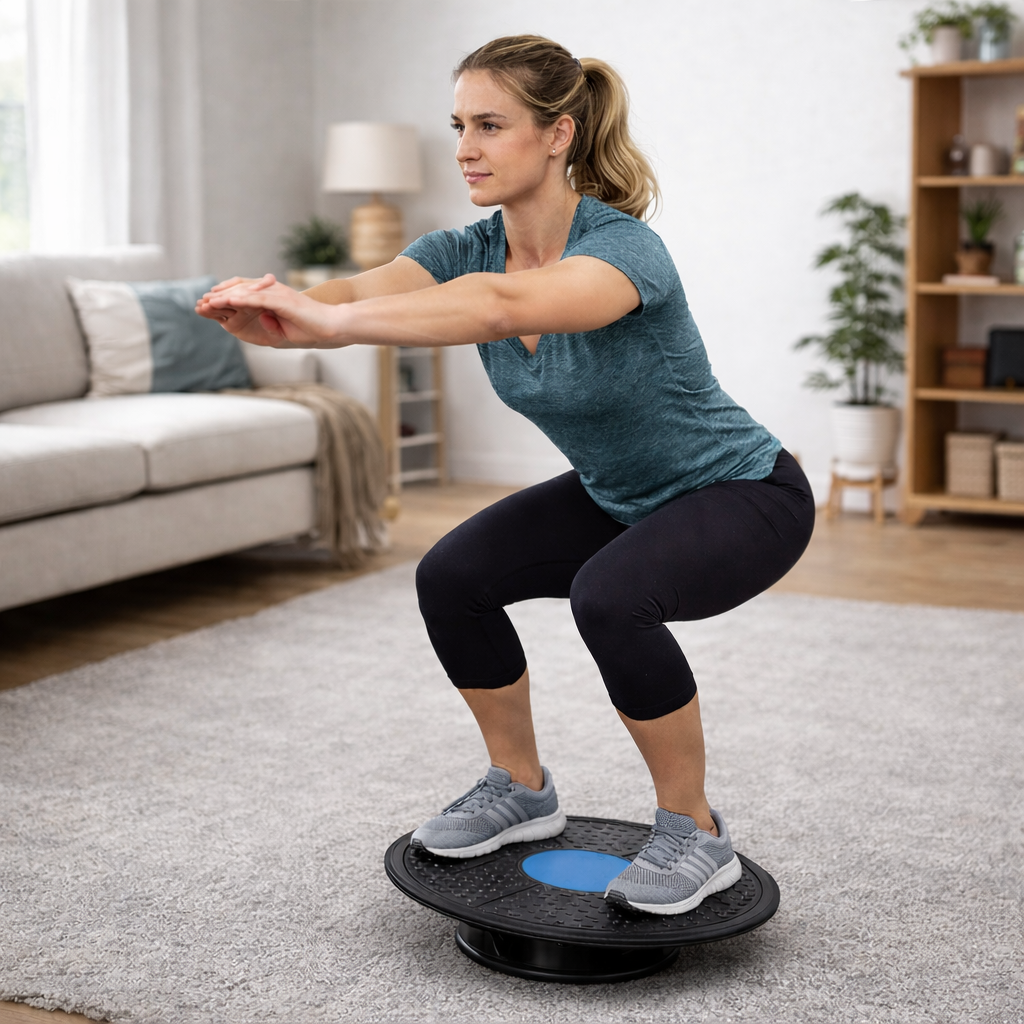 Femme travaillant l'équilibre en squat sur la planche FitBoard à la maison