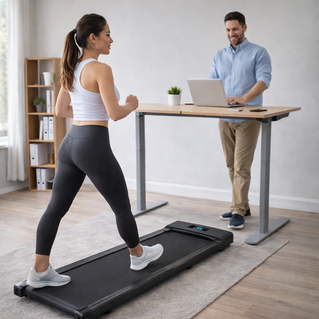 Femme marchant sur le tapis roulant RunZen sous un bureau debout