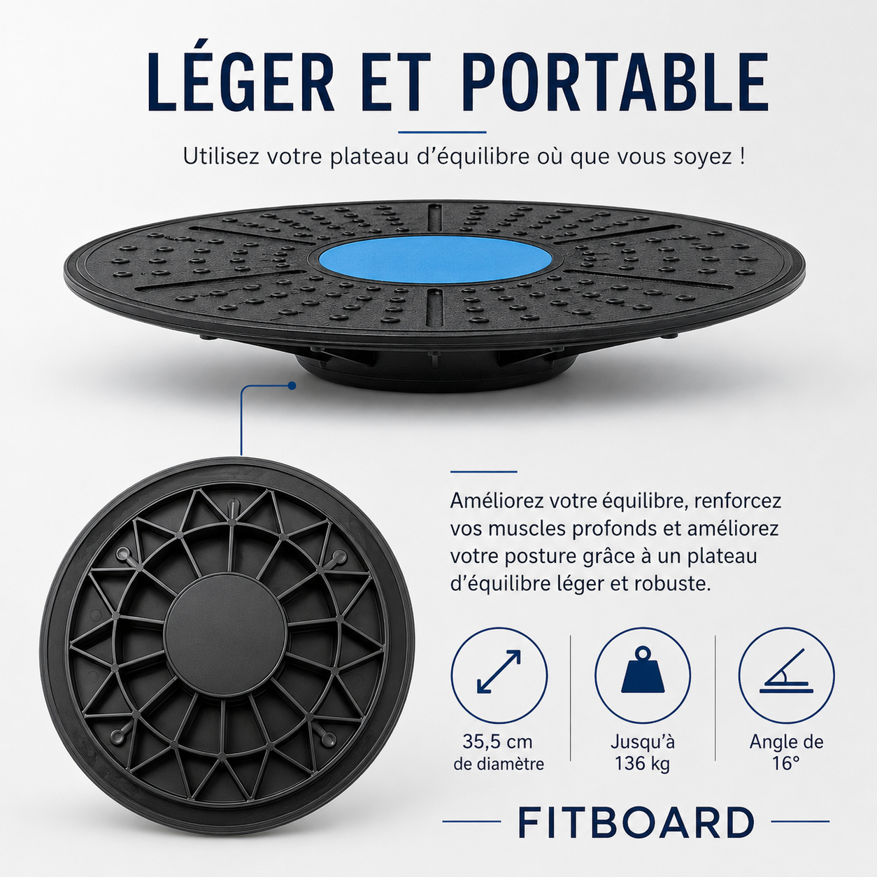 Caractéristiques techniques et dimensions 35,5 cm de la planche FitBoard