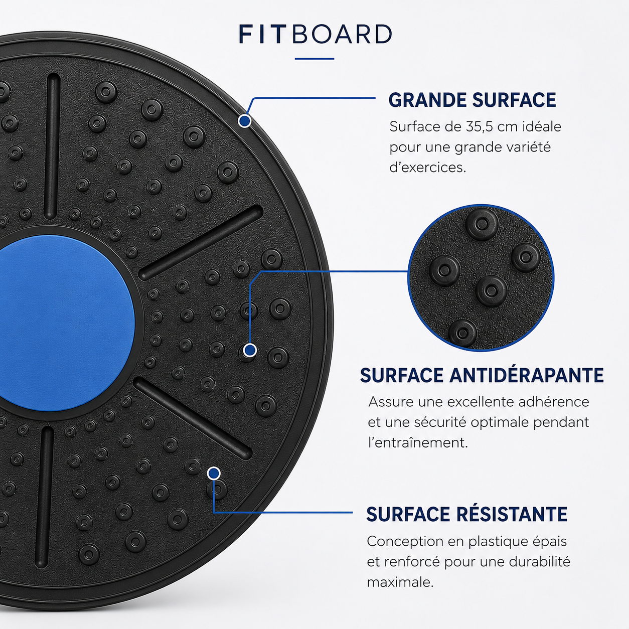 Surface antidérapante et résistante de la planche d'équilibre FitBoard