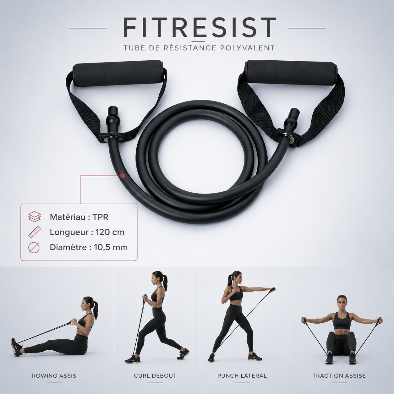 Exercices polyvalents avec le tube de résistance FitResist - rowing curl traction