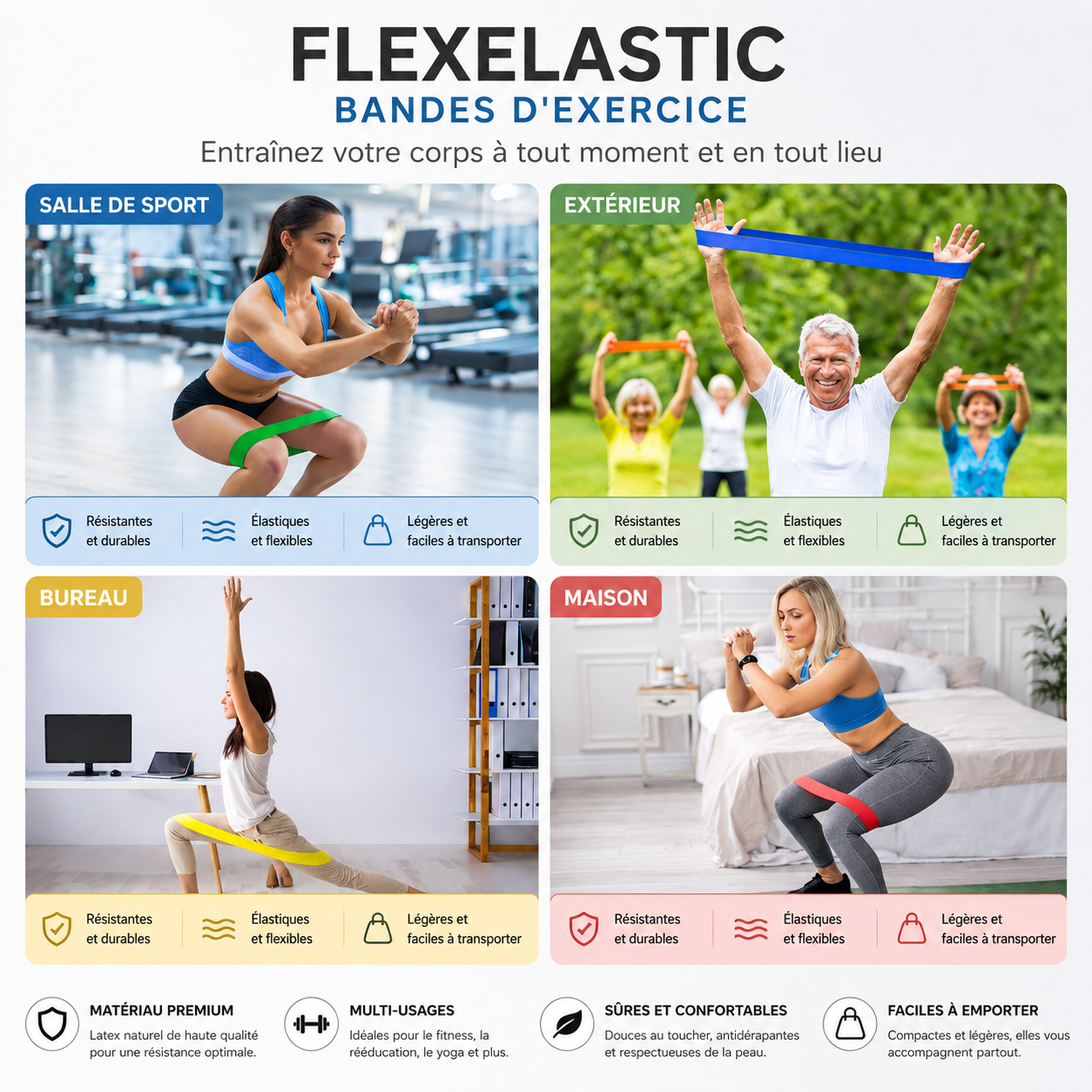 Bandes FlexElastic utilisables salle de sport extérieur maison et bureau
