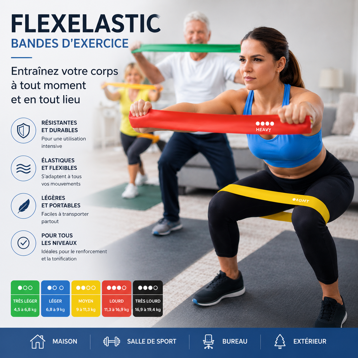 Exercice de squats en famille avec les bandes de résistance FlexElastic