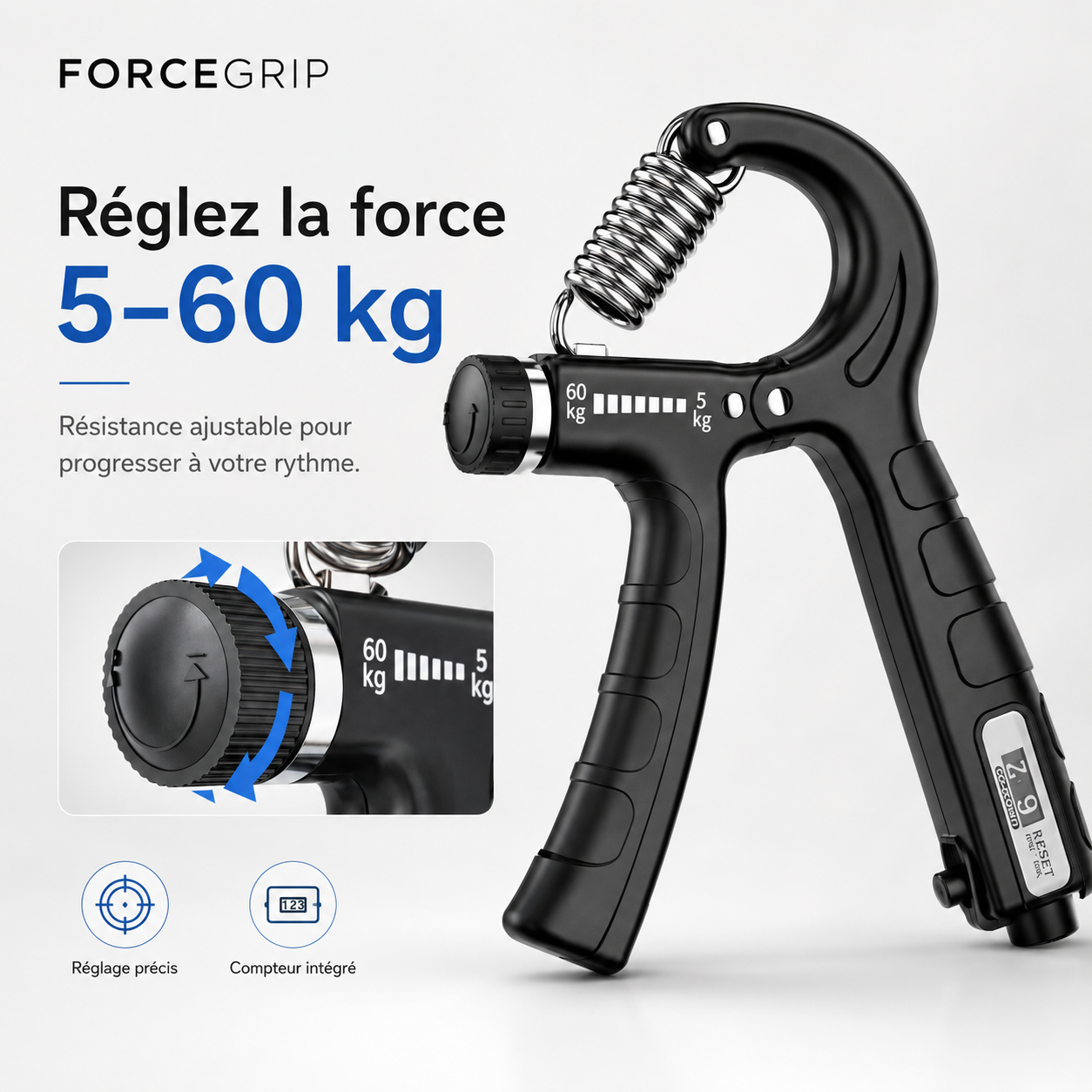 Résistance ajustable de 5 à 60 kg de la pince musculation ForceGrip