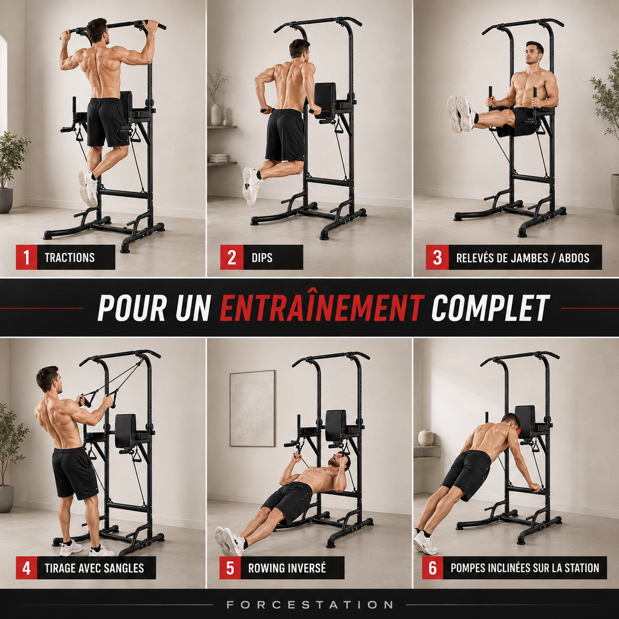 Six exercices complets possibles avec la station de musculation ForceStation
