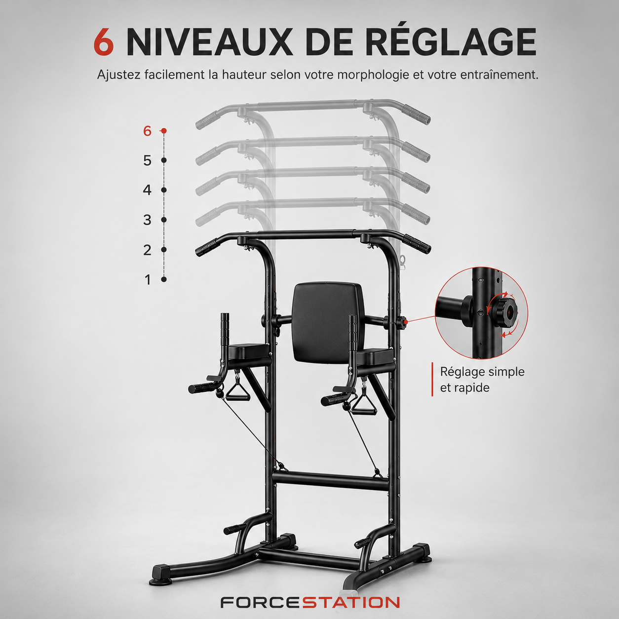 Six niveaux de réglage en hauteur de la station de musculation ForceStation