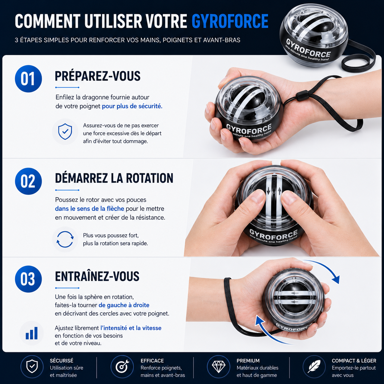 Guide d'utilisation en 3 étapes de la balle gyroscopique GyroForce