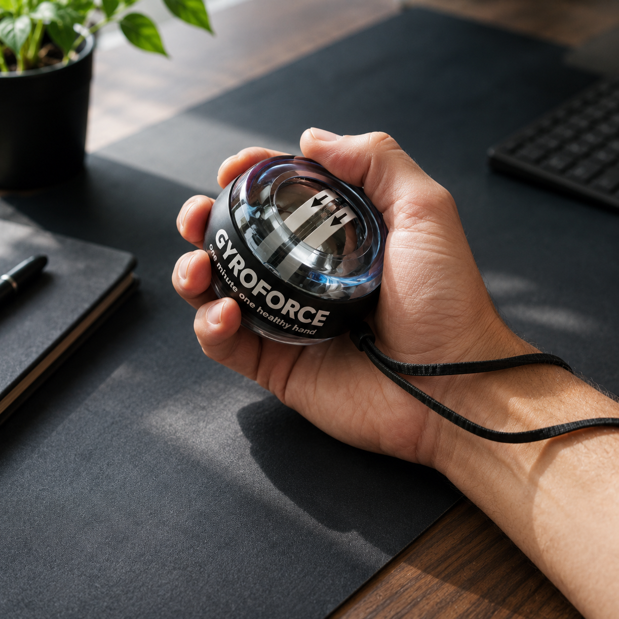 Homme utilisant la balle gyroscopique GyroForce pour renforcer son poignet