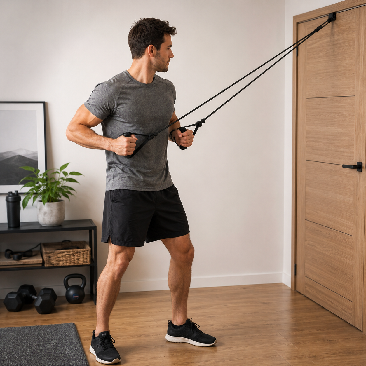 Homme s'entraînant avec l'élastique FitResist fixé à la porte