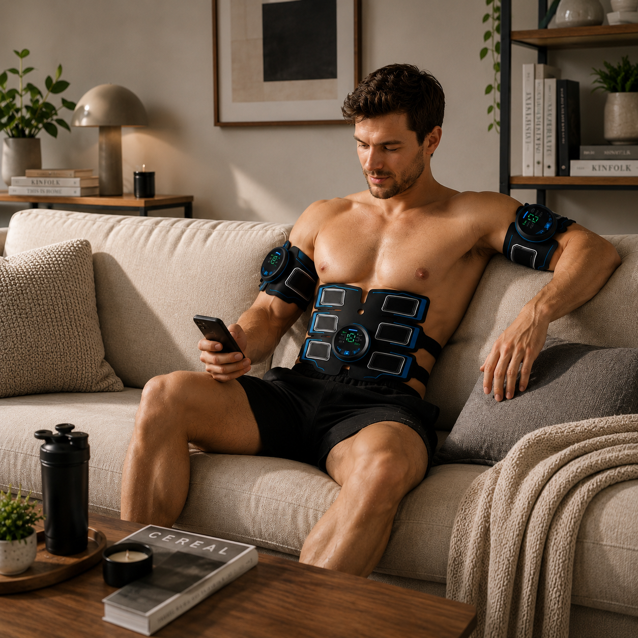 Homme utilisant le stimulateur EMS MuscleZen à la maison sur le canapé