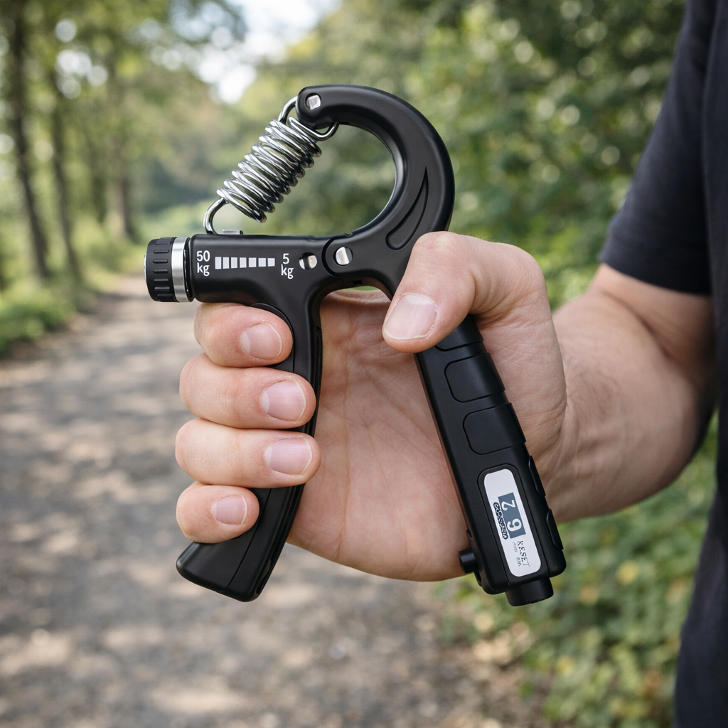Homme renforçant sa poigne avec la pince ForceGrip en extérieur