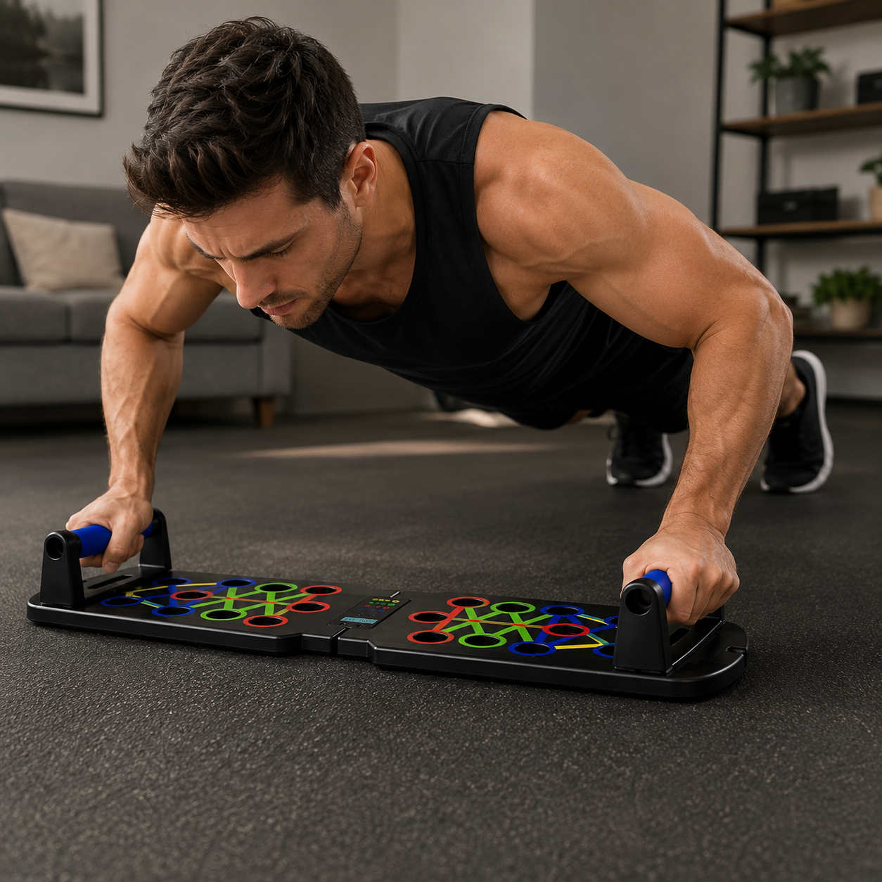 Homme faisant des pompes avec la planche SmartPush dans son salon