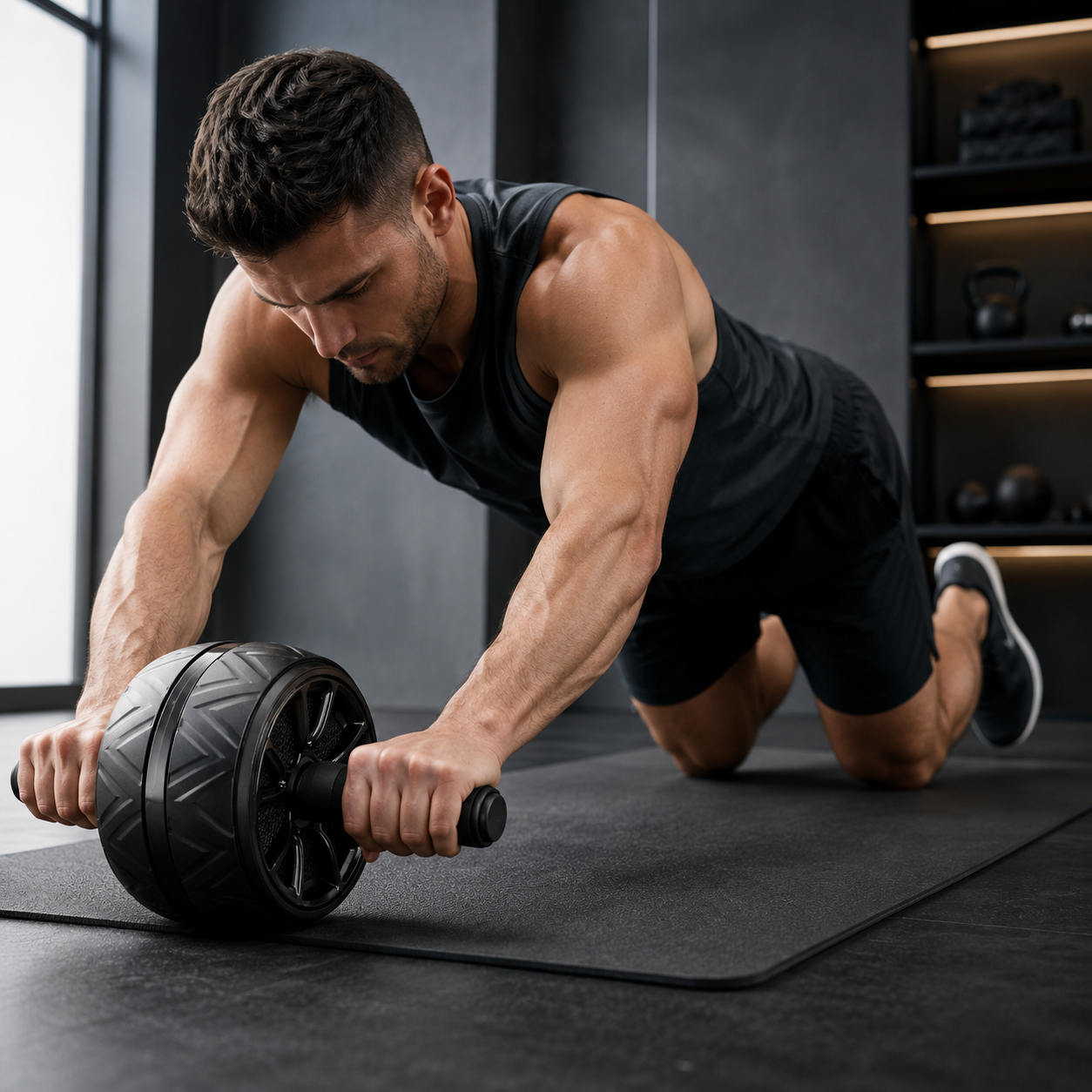 Homme s'entraînant avec le rouleau abdominal AbForce sur tapis de sport