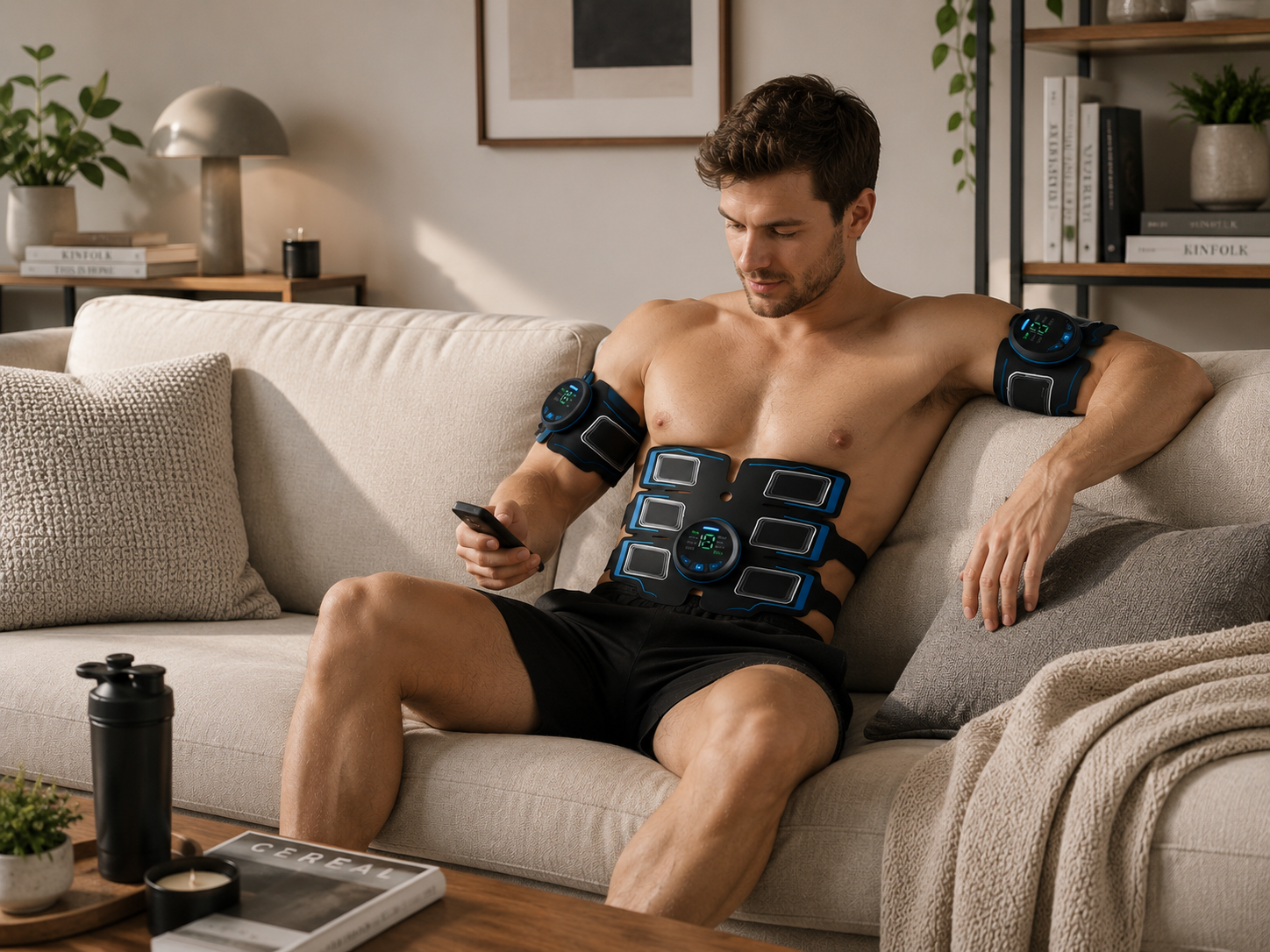 Homme utilisant le stimulateur EMS MuscleZen sur le canapé devant la télé