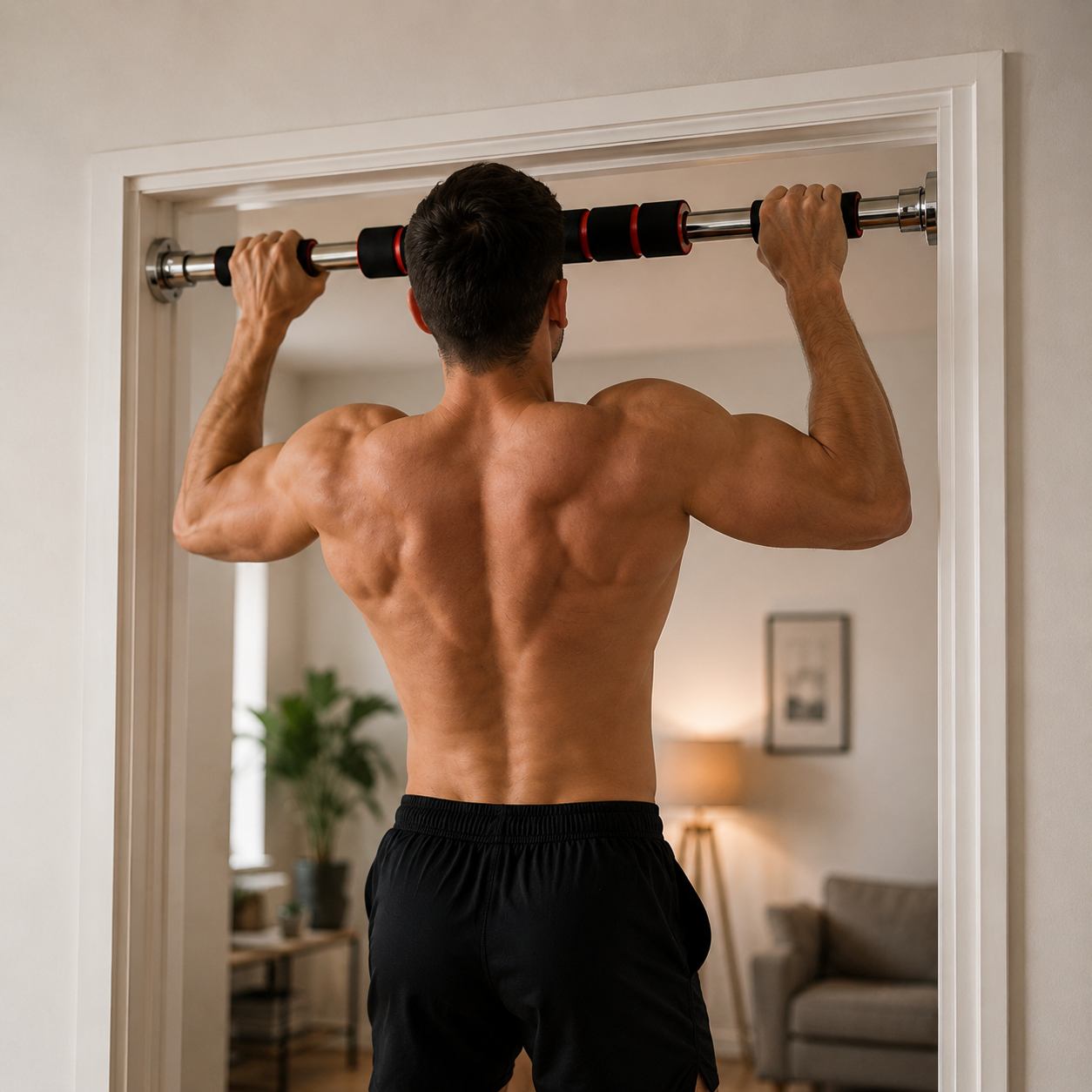 Homme faisant des tractions avec la barre PowerBar fixée à une porte