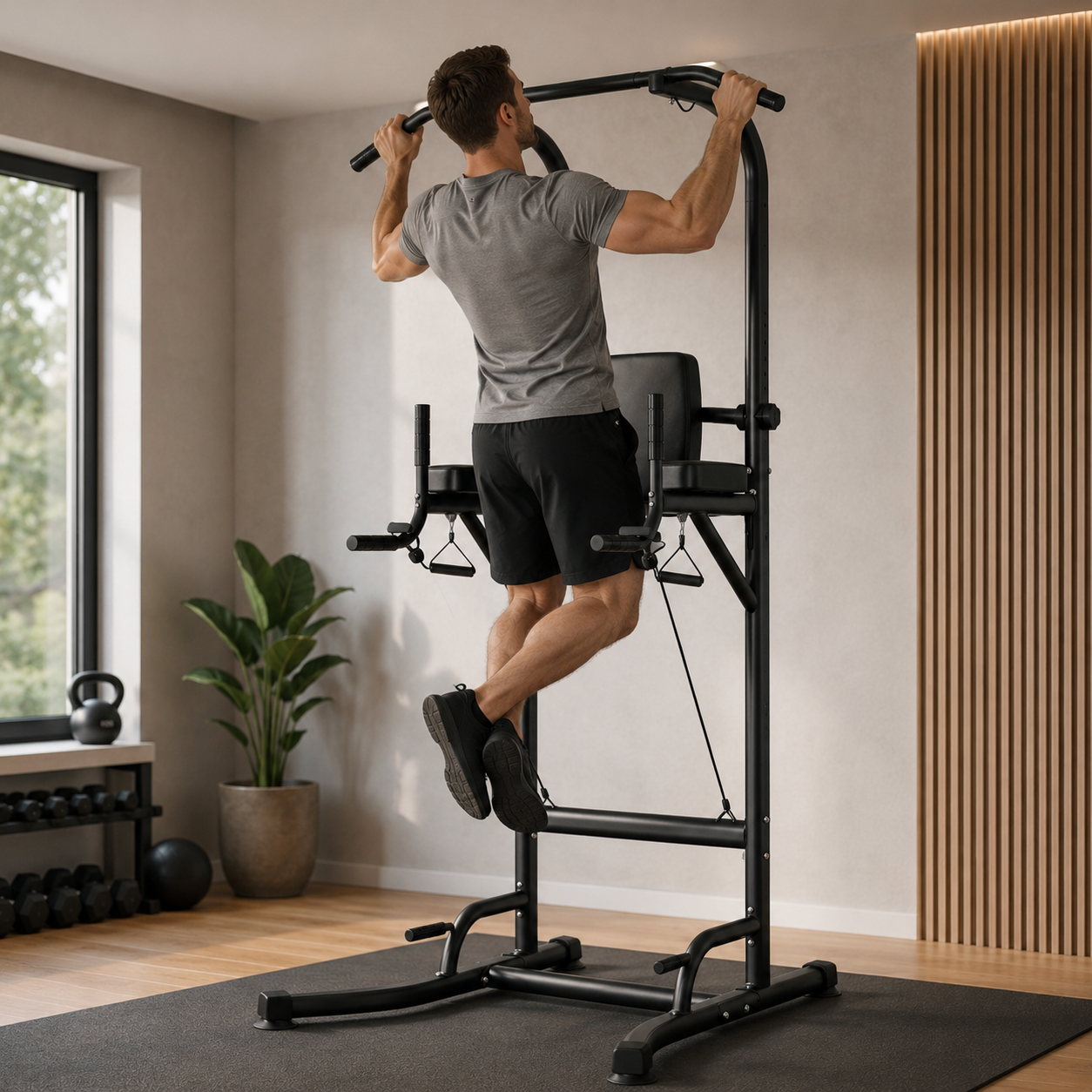 Homme faisant des tractions sur l'appareil ForceStation à domicile