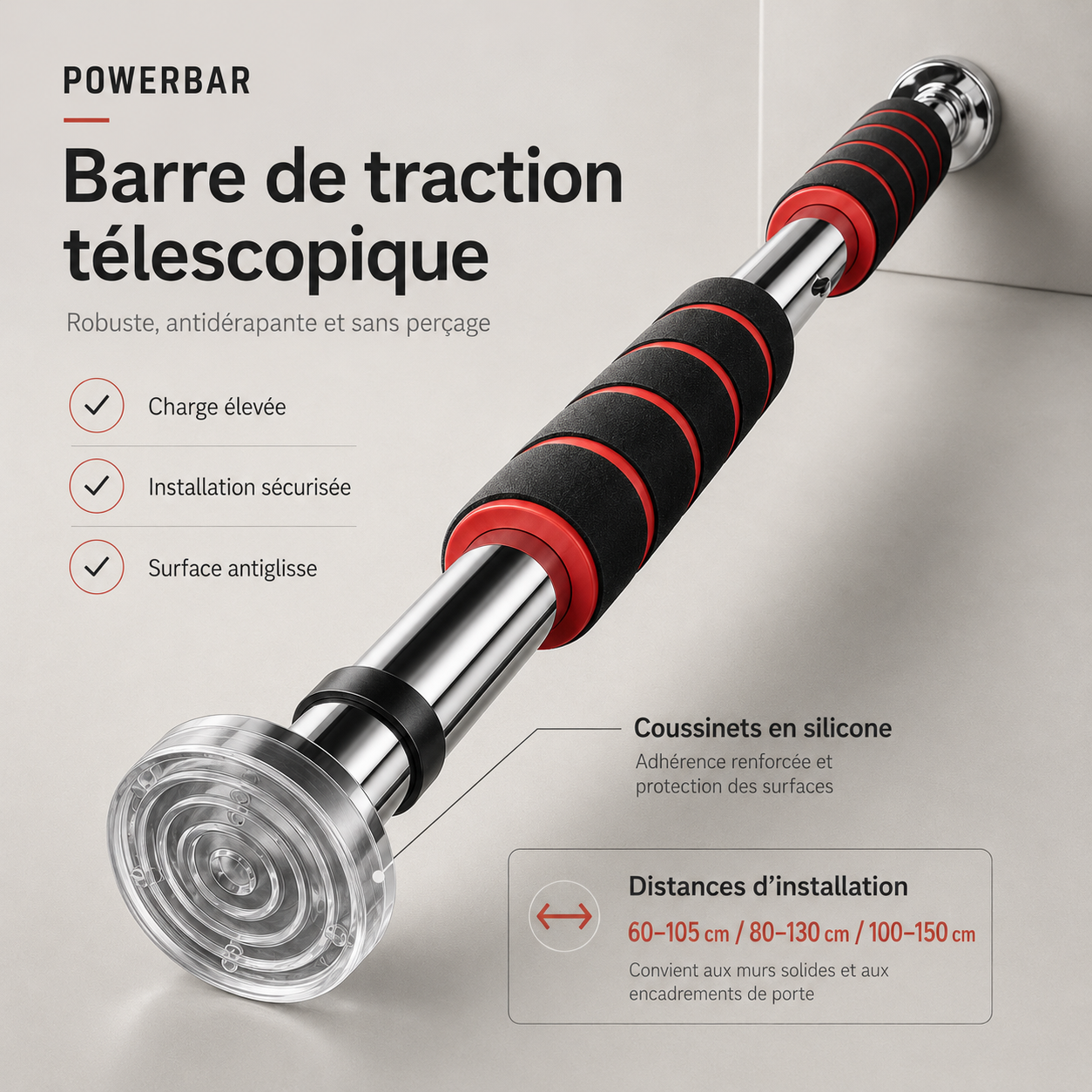 Dimensions ajustables de la barre de traction PowerBar de 60 à 100 cm