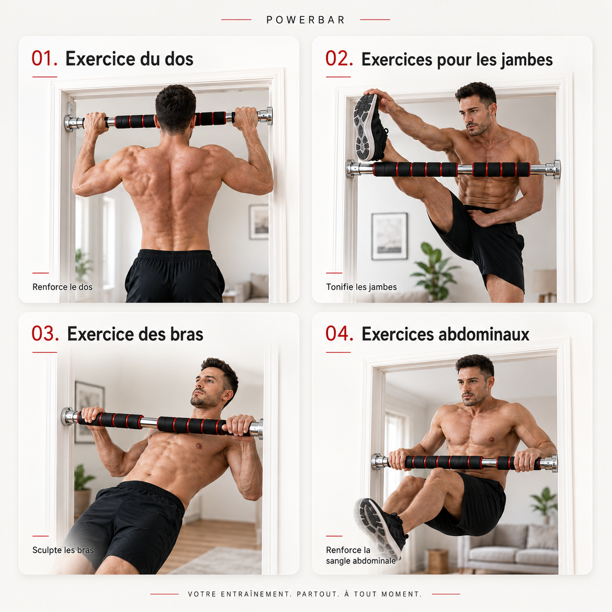 Quatre exercices avec la barre PowerBar pour dos jambes bras et abdominaux