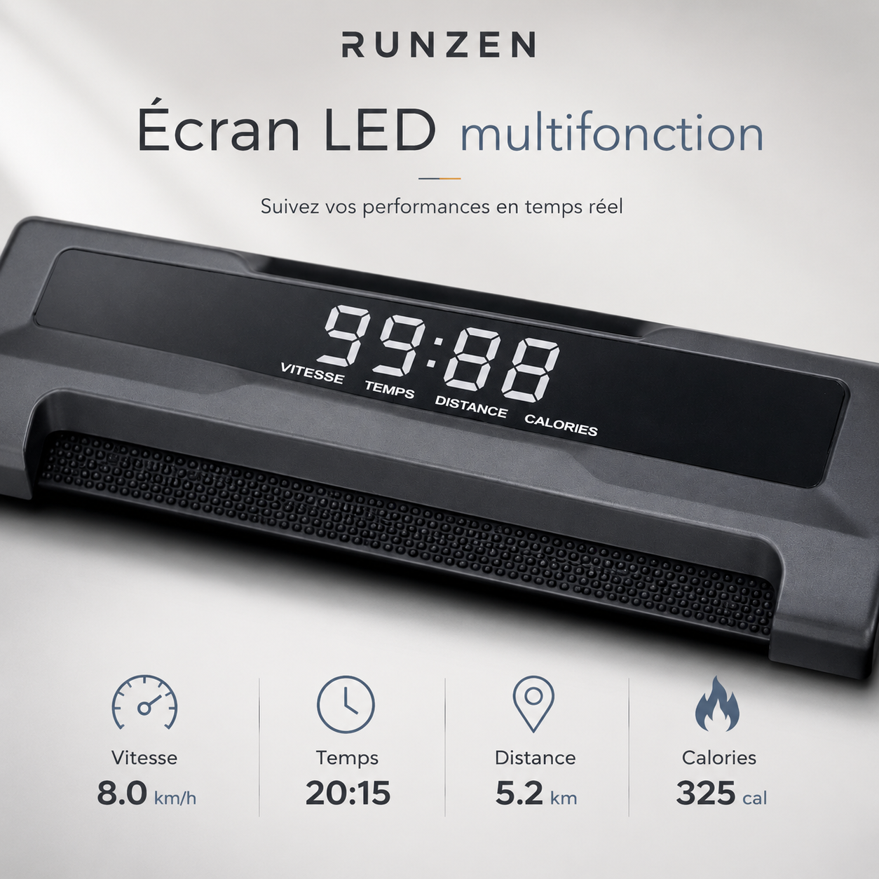Écran LED multifonction du tapis roulant RunZen vitesse temps distance calories