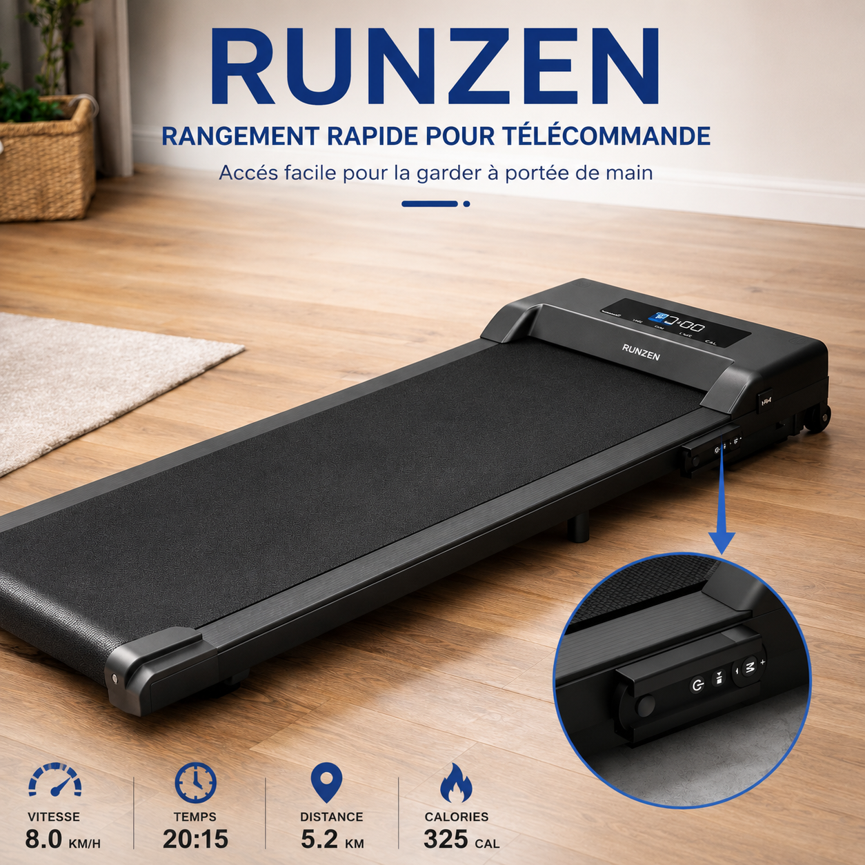 Rangement intégré pour la télécommande du tapis roulant RunZen