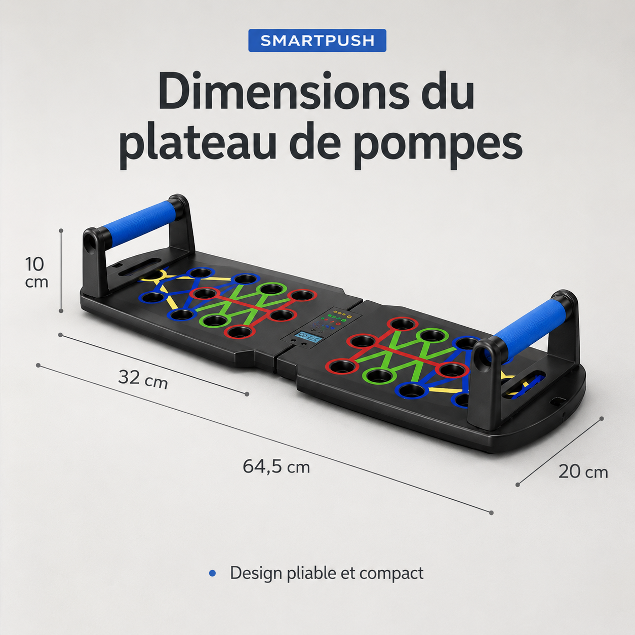 Dimensions compactes 64,5 x 20 cm de la planche de pompes pliable SmartPush