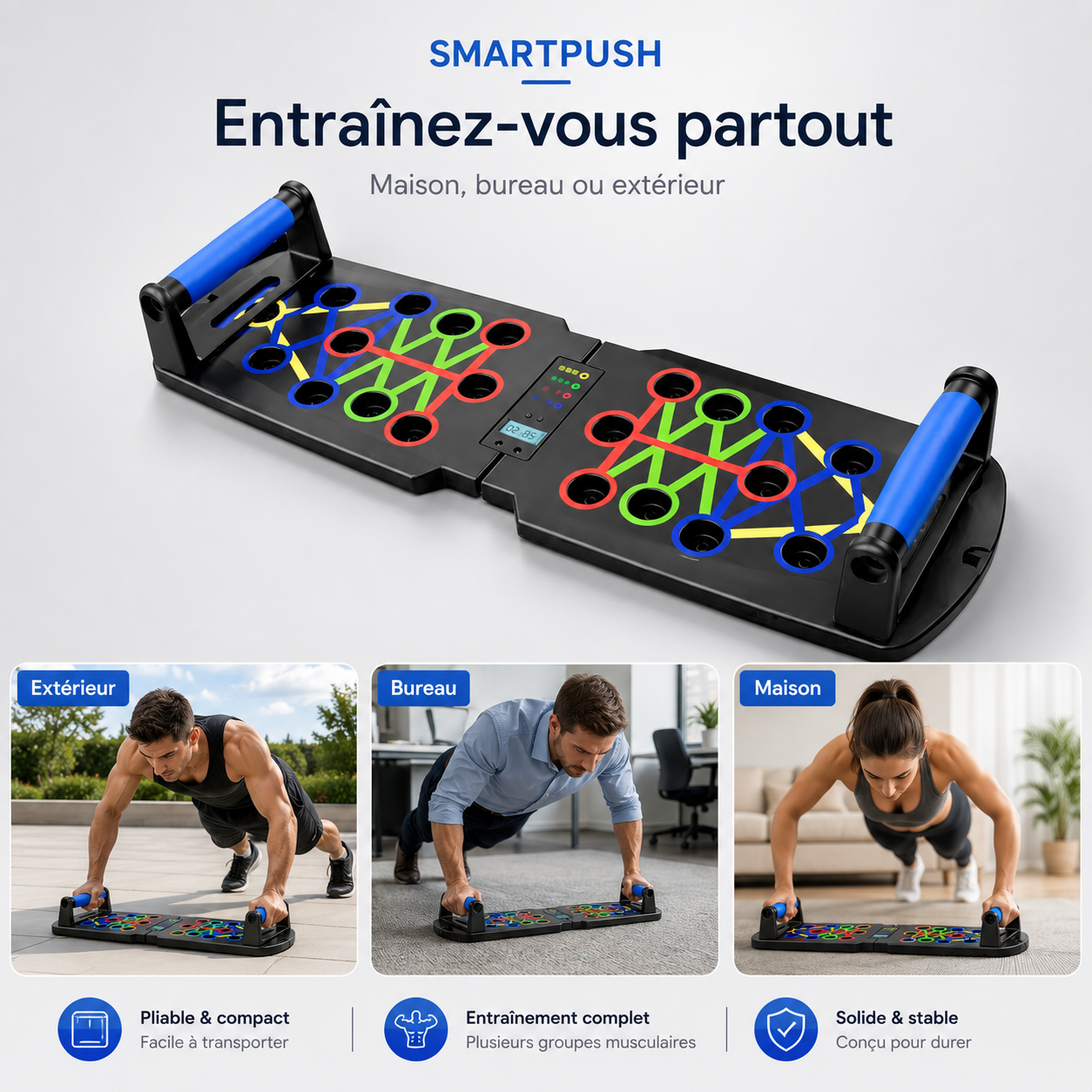 Planche de pompes pliable SmartPush utilisable maison bureau ou extérieur