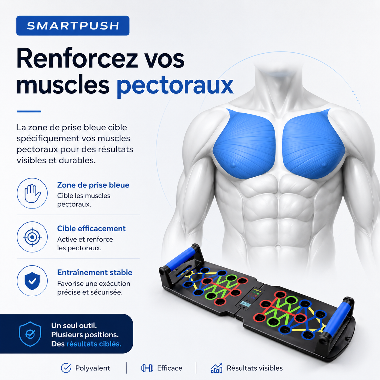Zone de prise bleue de la planche SmartPush pour renforcer les pectoraux