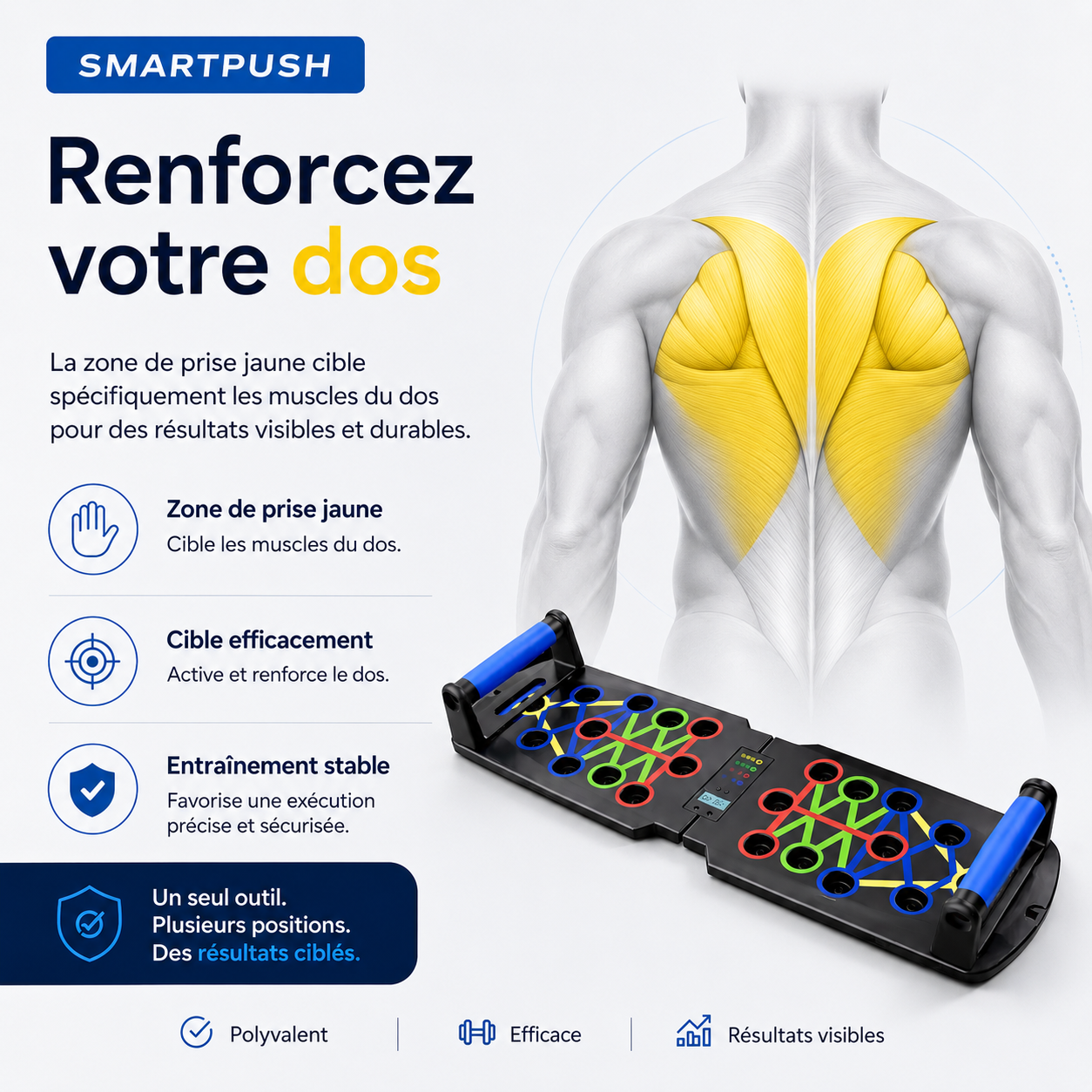 Zone de prise jaune de la planche SmartPush pour travailler le dos