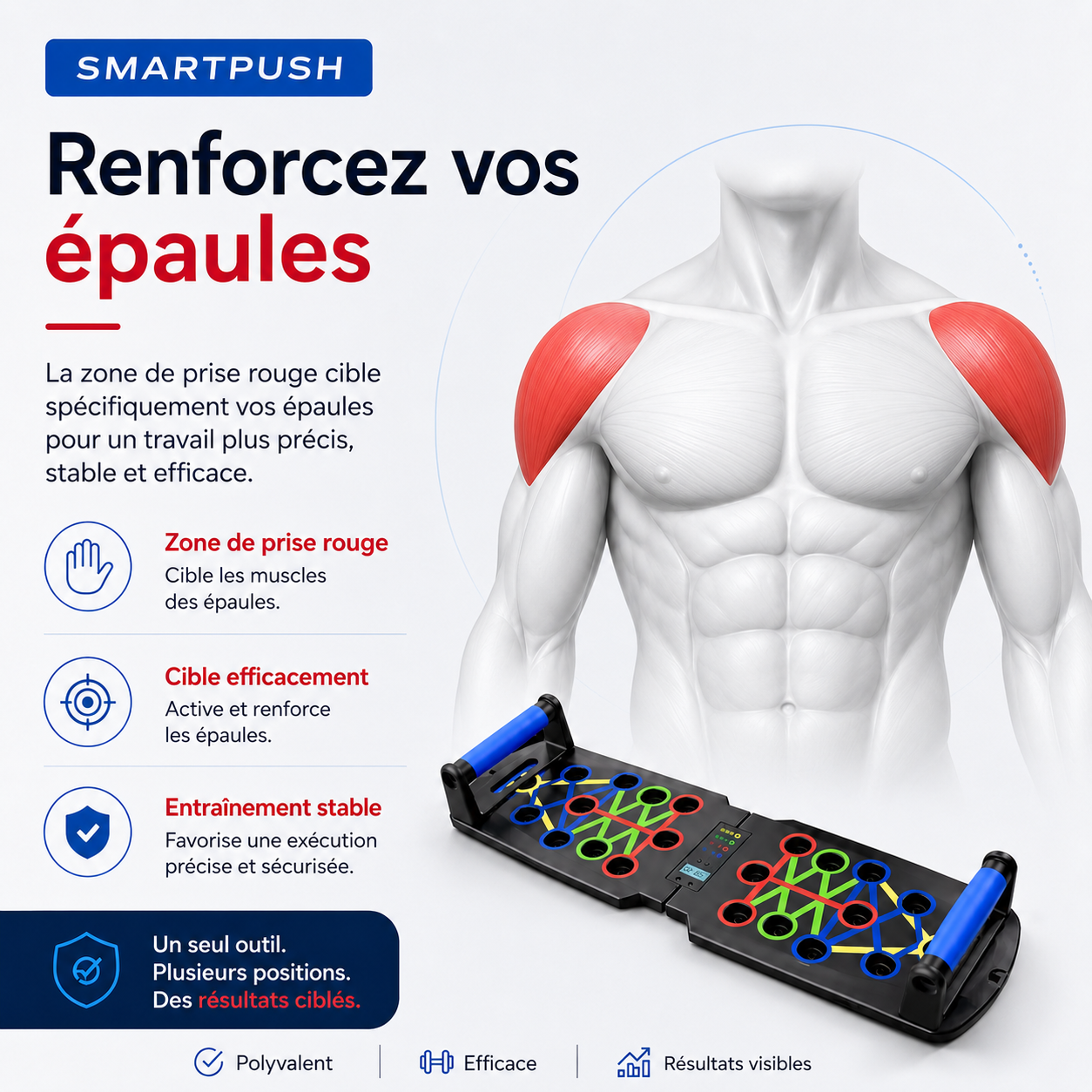 Zone de prise rouge de la planche SmartPush pour cibler les épaules
