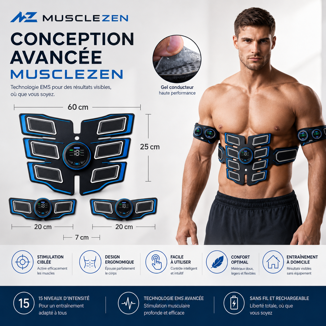 Conception avancée et dimensions du stimulateur EMS MuscleZen