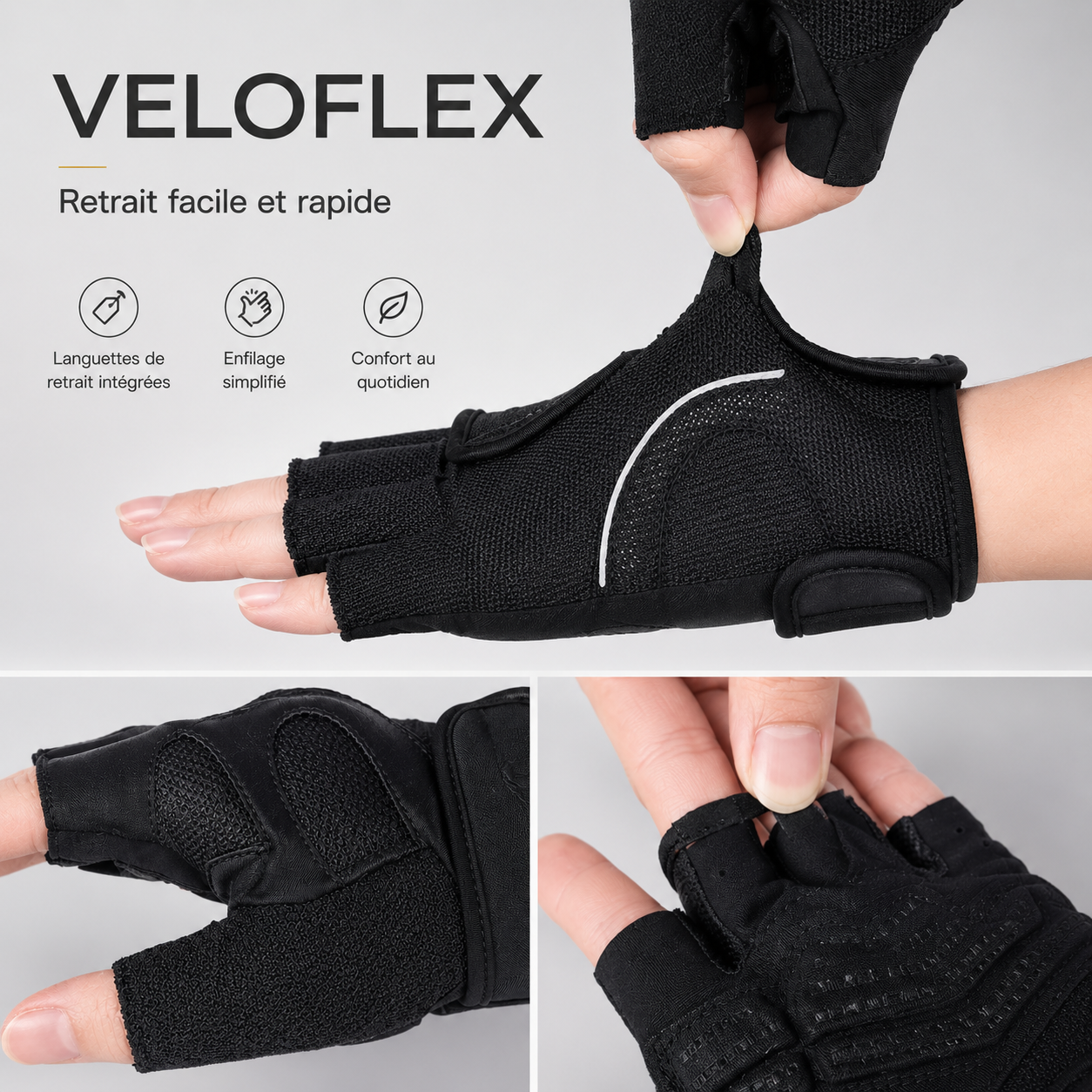 Languettes de retrait intégrées des gants cyclisme VeloFlex